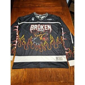 Broken Promises‎ Hockey Jersey Shirt Mens Large Flames Wolf Graphic (A838)
